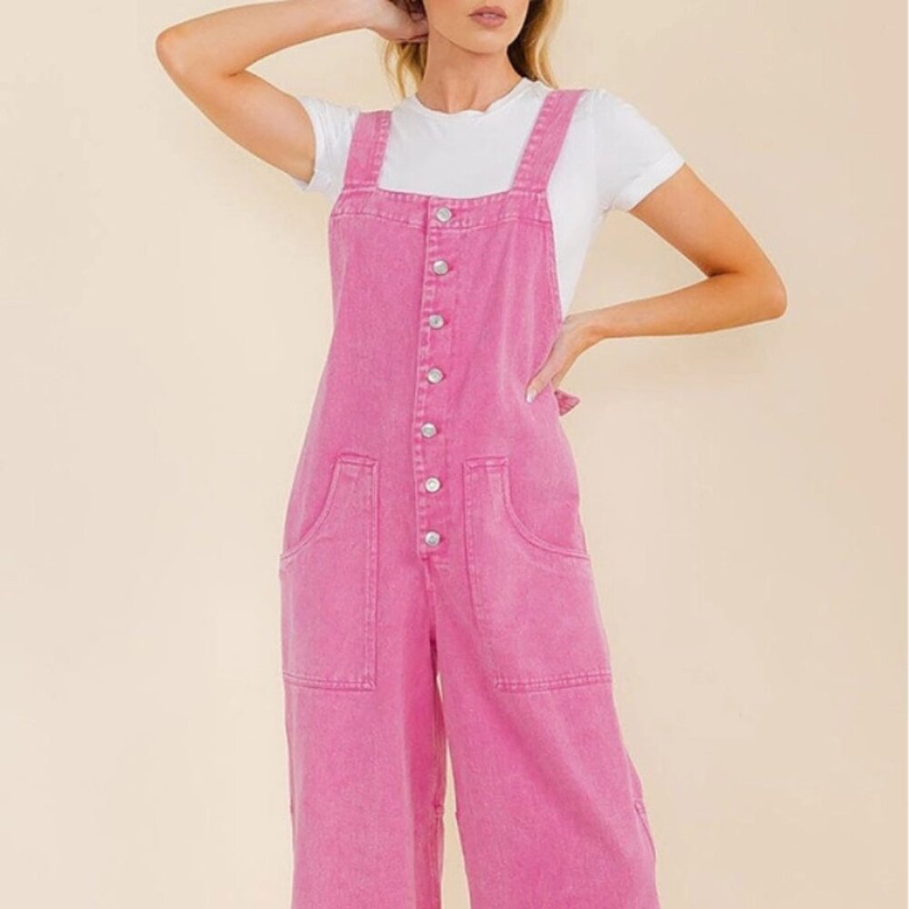 Washed Denim Button Up Wide Leg Overall Jumpsuit